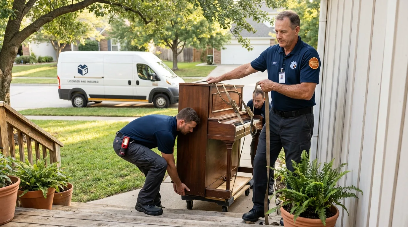 Licensed piano movers securing grand piano in Prior Lake, MN