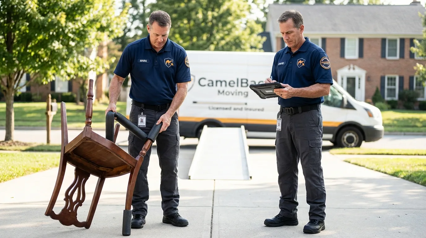 Movers inspecting furniture for damage prevention before loading in Prior Lake, MN