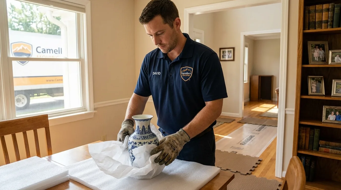 Professional crew carefully wrapping antique vase for senior downsizing move in Prior Lake, MN